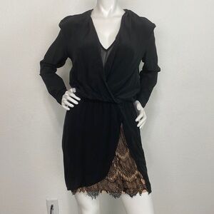 Charlie Jade 100% Silk Faux Wrap Ruched Lace V-Neck Long Sleeve Mini Dress Sz S